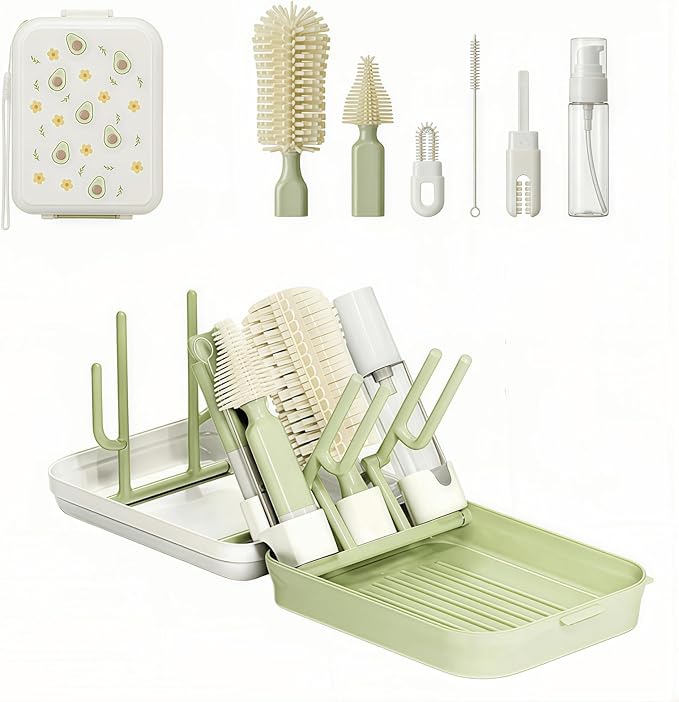 8-in-1 Baby Bottle Brush Set, Silicone Baby Bottle Cleaning Kit with Drying Rack, Portable Travel Brush & Accessories for Home and Travel (Green)