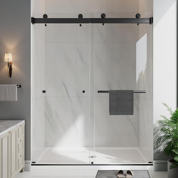 Frameless Double Sliding Shower Doors, 49-54" W x 76" H Shower Glass Door, 1/4" (6mm) Thick ANSI Certified Tempered Glass with Explosion-Proof Film and Nano Coating, Matte Black