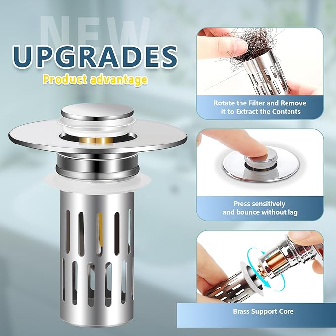 2 Pack Bathroom Sink Stopper for 1.06-1.50in, Universal Bathroom Sink Drain Pop Up Stopper for US Stainless Steel Floor Drain Filter, Universal Drain Filter with Hair Strainer(Silver)