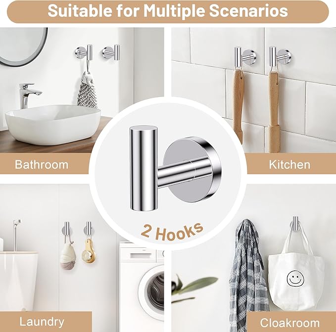 Polished Chrome Bathroom Hardware Set, 4-Piece Towel Holder Set Include Double Bases Toilet Paper Holder,Towel Ring and 2 Towel Hooks Stainless Steel Wall Mounted Bathroom Hardware Accessories Set