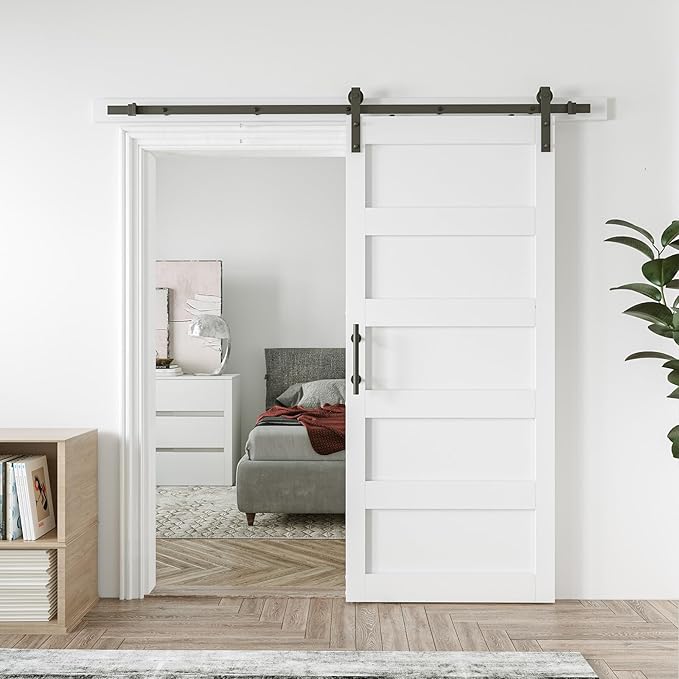 40in x 84in Sliding Barn Door with 7ft Barn Door Hardware Kit & Handle, Pre-Drilled Holes Easy Assembly -Solid Barn Door Slab Covered with Water-Proof PVC Surface, White, 5 Panel
