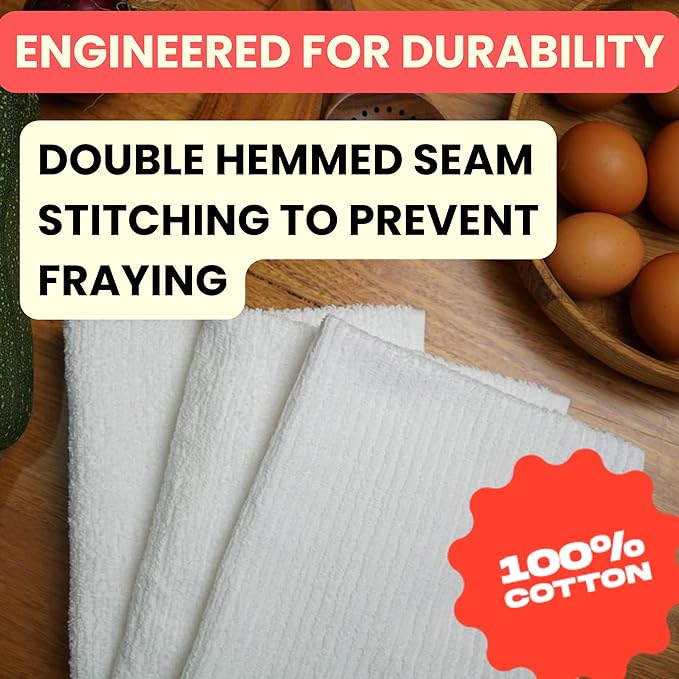 Absorbit Bar Mop Towels 100% Cotton 16x19 (12 Pack) Super Absorbent, Bleach Safe, No Fray Ribbed Terry Cloth