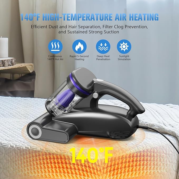 Bed Vacuum Cleaner Mattress Vacuum Cleaner,16Kpa Powerful Handheld Vacuums with UV-C Light & Double Dust Cup & High Heating & Ultrasonic & Anion for Bed Sofa(Black)