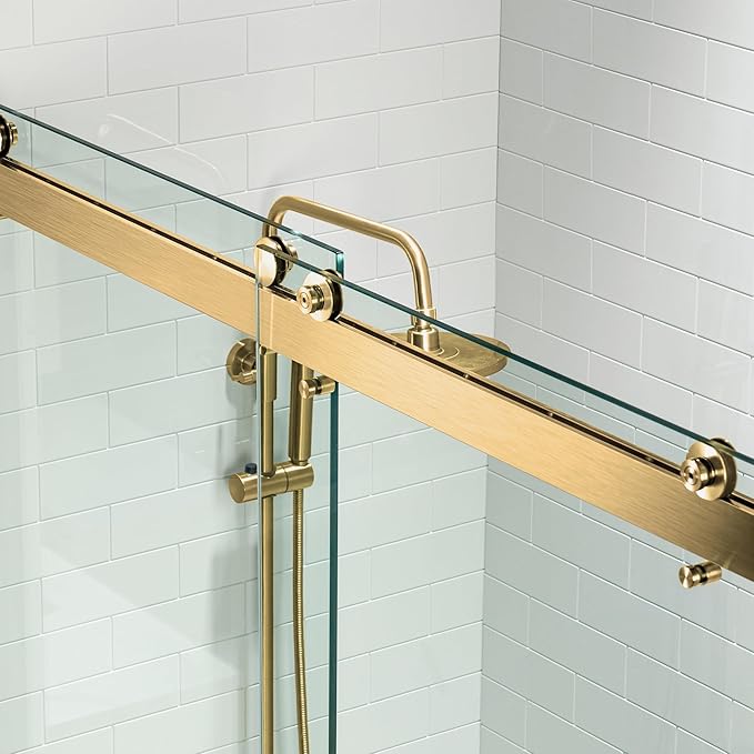 Woodbridge Frameless Shower Doors 56-60" Width x 76" Height with 5/16"(8mm) Clear Tempered Glass, 2 Ways Opening & Double Sliding in Brushed Gold Finish
