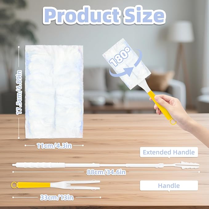 Heavy Duty Dusters Refills, Disposable Dusters Kit Compatible with Swiffer Handles, Multisurface Dusters+1 Extended Handle +1 Handle (Blue, 180°)