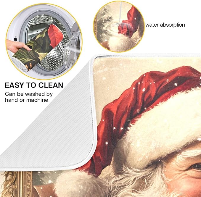 Christmas Santa Claus Poinsettia Dish Drying Mat for Kitchen Counter Absorbent Microfiber Drying Pad, Medium 16x18 in