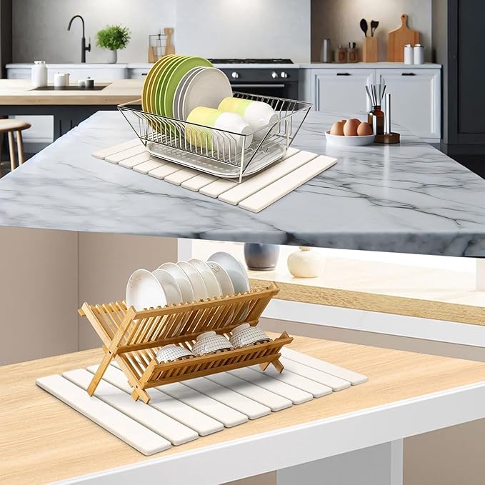 Large Stone Dish Drying Mat for Kitchen Counter, 24"(L)×16"(W), Super Absorbable Diatomaceous Stone Mat, Collapsible Stone Dish Drying Mat for Dishes Bottles, Cups, Match Any Countertop