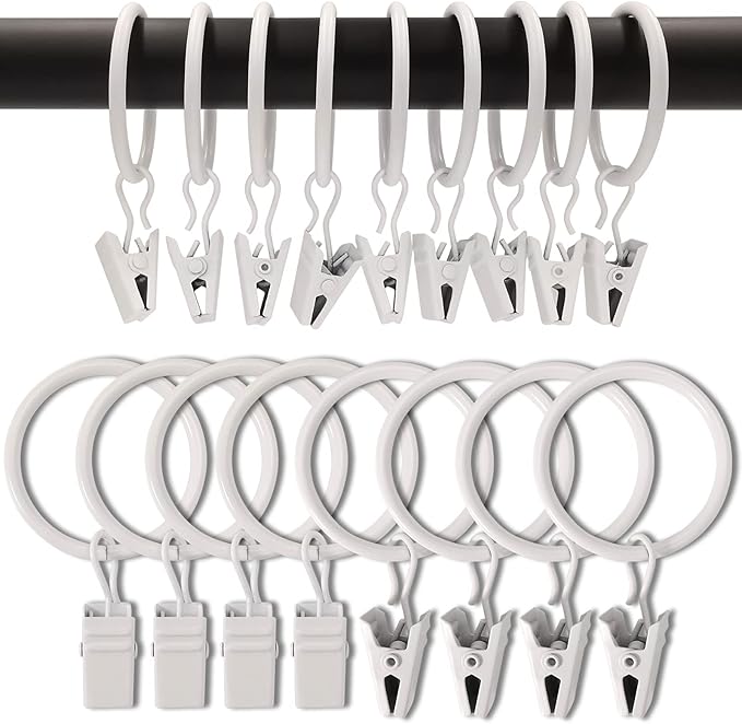 100 Pack Curtain Rings with Clips, Drapery Clips with Rings, Drapes Rings 1.26 in Interior Diameter, Fits up to 1 Inch Curtain Rod, White