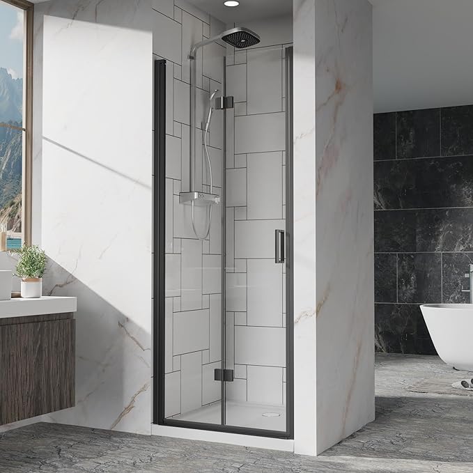 Frameless Bi-Fold Shower Door 30" W x 72" H, 1/4" Clear Tempered Glass, Folding Swing Design, Reversible Installation, Black Finish, Space-Saving Glass Shower Door for Small Bathrooms