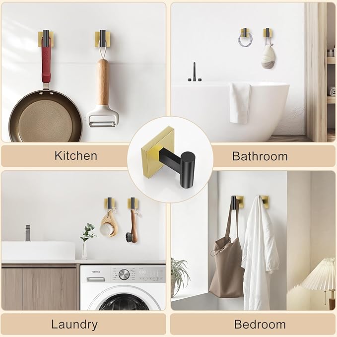 Towel Ring Set 4 Piece Bathroom Hardware Set Includes Towel Ring 2 Towel Hooks and Toilet Paper Holder Stainless Steel Wall Mounted (Black Gold)