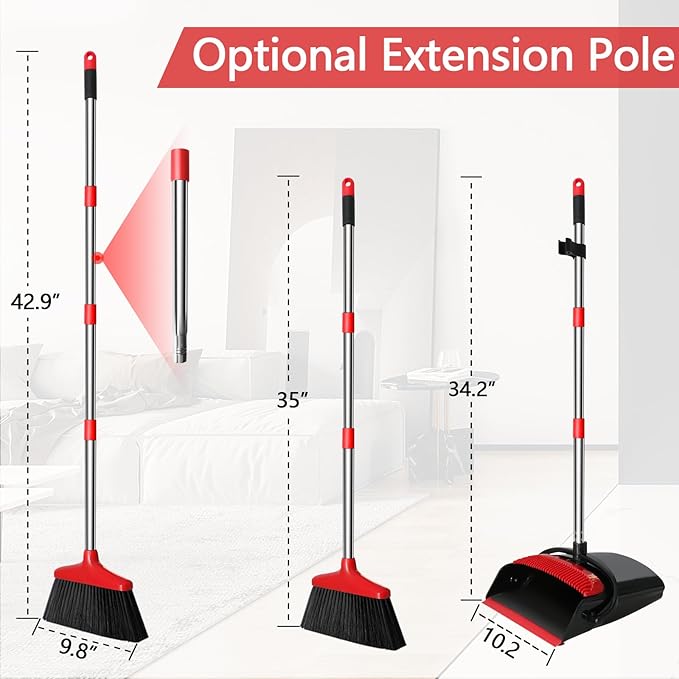Loonpon Broom with Dustpan Combo Set, 43” Long Handle Broom and Dustpan Set, Upright Standing Dust Pan for Home and Kitchen, Brooms for Sweeping Indoor（Black&Red）