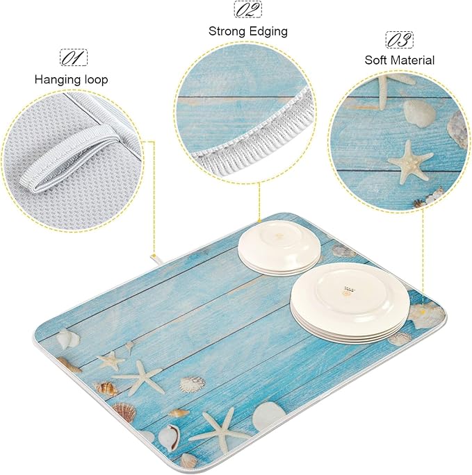 Seashells Starfish Dish Drying Mat for Kitchen Counter Super Absorbent Dish Mat Large Drying Kitchen Mat 18X24inch Dish Drying Matt for Kitchen Dish Drying Mat