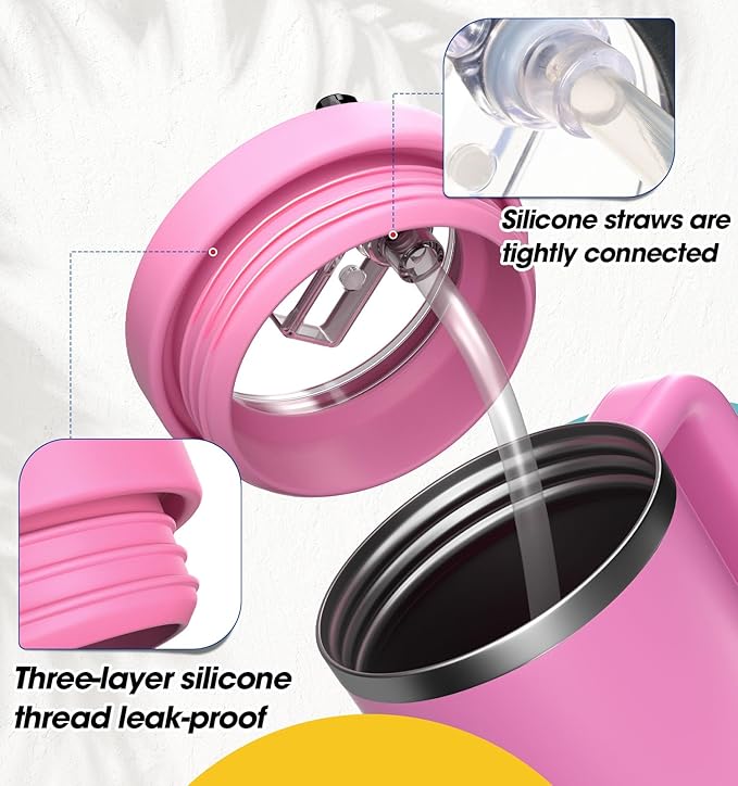 30oz Flip Straw Leak Proof Lid for Stanley Quencher,30 oz Tumbler Lid Replacement for Stanley Cup Accessories,No Spill Silicone Tumbler Lids with Cleaning Brush Set (Peony)