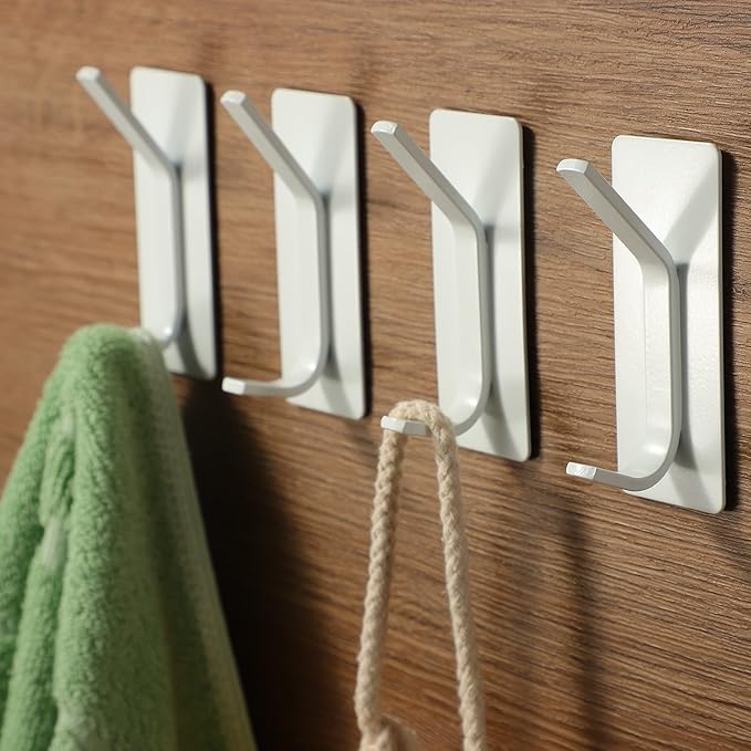 Taozun Adhesive Hooks - White Wall Hooks, Stainless Steel Towel Hangers/Holders Stick on Bathroom and Kitchen, 4 Packs