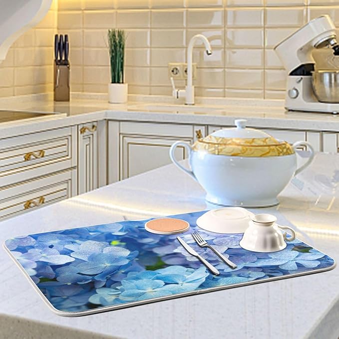 Tarity Blue Hydrangeas Dish Drying Mat for Kitchen Counter Absorbent Heat Resistant Microfiber Dishes Drainer Mat 18x24 in Large Dish Pad Sink Mat Protective Pad Kitchen Decor
