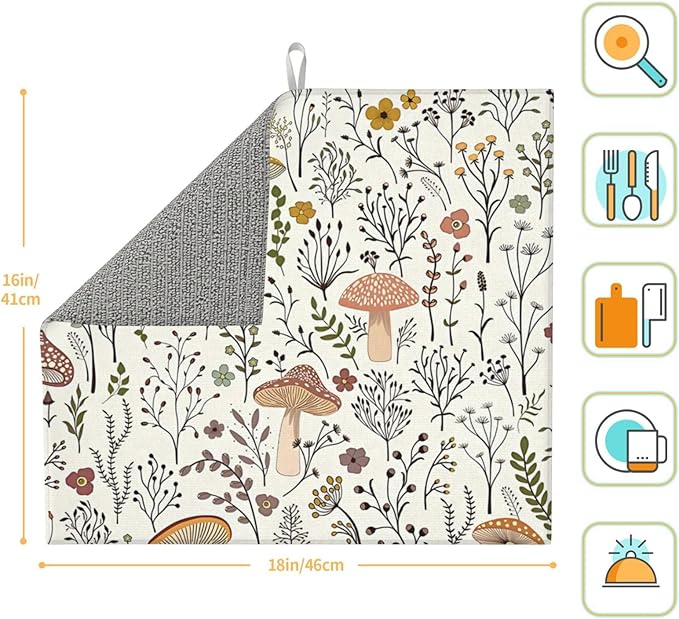 Cute Mushrooms Dish Drying Mat 16x18 inches Microfiber Absorbent Fast Dry Mat for Kitchen Counter Coffee Bar Mushrooms Plants Large Drying Mat Kitchen Decor Gifts (Cute Mushrooms, 16x18 inches)