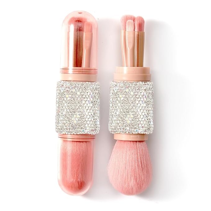 WOKOTO 4 in 1 White Diamond-Embellished Makeup Brushes - Nail Art Dust Powder Remover Brush, Eye Shadow, Lip & Foundation Brush, Soft Nail Art Dust Cleaner Brush for Acrylic Application and Makeup