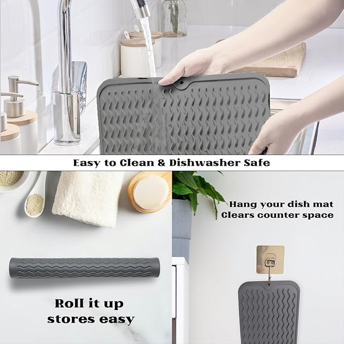 ZLR Silicone Dish Drying Mat 12" x 12" Square - Small Heat Resistant Trivet & Countertop Protector for Air Fryer, Coffee Maker - Waterproof Kitchen Drain Pad for Cups, Fruit (Dark Gray)