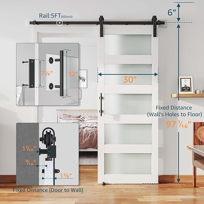 30'' x 96'' Glass Barn Door and 5 Ft Hardware Kit Included, MDF White Barn Door Slab with Frosted Glass, PVC Surface, Combined with Handle and Floor Guide-Assembly Required, White