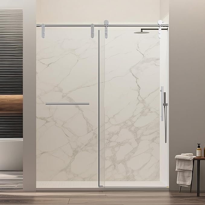 56-60" W x 76" H Frameless Single Sliding Shower Door, Bathroom Glass Shower Doors with 5/16" (8mm) SGCC Tempered Glass, Stainless Steel Towel Rail Handle and Heavy Duty Frame, Chrome