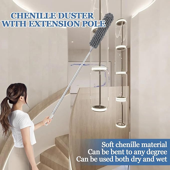 Microfiber Duster with Extension Pole 27-80 Inch, 4PCS Bendable Washable Duster Set, Stainless Steel Telescopic Handle for Ceiling Fan, High Ceiling, Under Sofa, Bed, Appliances & Blinds