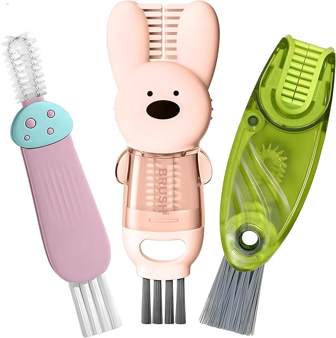 Cup Lid Cleaning Brush, Multifunctional Set with 3 in 1 Lid Cleaner and Two 4 in 1 Cup Lid Cleaning Brushes, Cleaning Brush Tool for Bottles, Straws, Tumblers, Travel Mug Caps, Portable Kit (Pink)