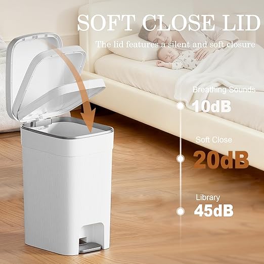 JiatuA Small Bathroom Trash Can with Lid Soft Close, 2.6 Gallon Step Garbage Can Slim Trash Bin Wastebasket for Kitchen Bedroom Office Living Room Toilet College Dorm, White