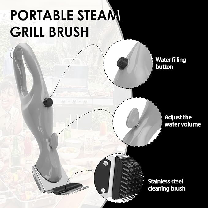 Portable Steam Grill Brush, Portable Stainless Steel BBQ Cleaner for Cast Iron, Ceramic Grills for Outdoor