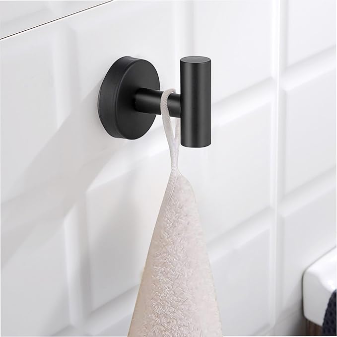 Towel Hooks, SUS 304 Stainless Steel Hooks, Heavy Duty Door Hanger Towel Robe Clothes Cabinet Closet Sponges Hook for Bathroom Kitchen Garage Gotel (Black, 4 Pcs)