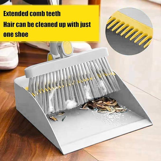Broom with Dustpan Combo Set 180-degree Rotatable Brooms and Dustpan Set Non-Stick Hair Dustpan Sweeping Brooms Vertical Storage Broom Set Dust Pan and Broom Set for Dog Cat Pets Home Use (Gray)