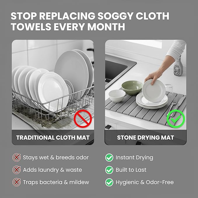 Large Stone Drying Mat for Kitchen Counter - Collapsible Quick-Dry Diatomite Dish Drying Mat, Non-Slip (Gray)