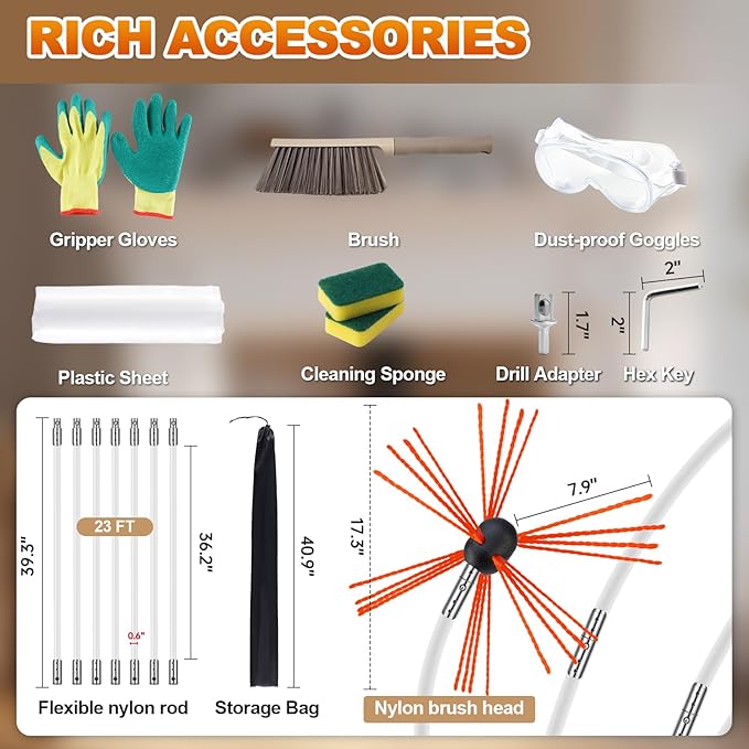 Bluesea 23 Feet Chimney Sweep Kit, Ergonomic Chimney Cleaning Kit, Extends Up to 23 Feet, Chimney Cleaner, Chimney Cleaning Tools, Chimney Cleaning System with Strong Brush, 7 Flexible Chimney Rods