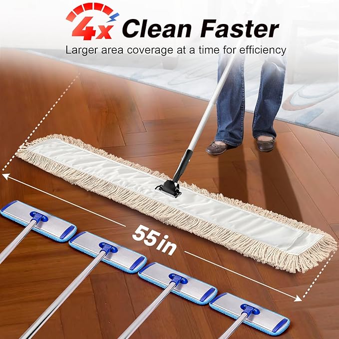 Commercial Dust Mop & Floor Sweeper，55" Industrial Dry Mop with Heavy Duty Long Handle, Premium Cotton Dust Mop Head for Hardwood Floors, Industrial, Commercial, and Residential Cleaning