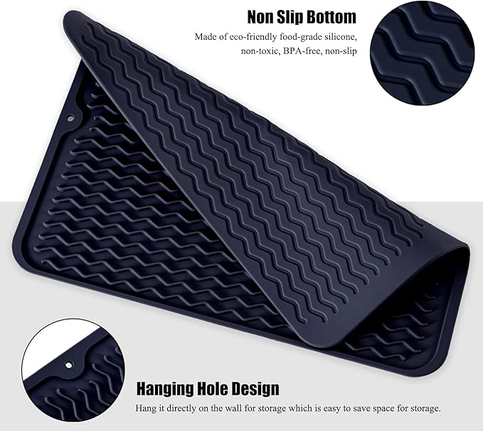 Large 24" x 18" Silicone Dish Drying Mat for Kitchen Counter, Easy clean, Quick Dry, Heat-resistant Dish Drainer Mat for Sink,Refrigerator or Drawer liner (Food Grade Silicone-Dark Blue)