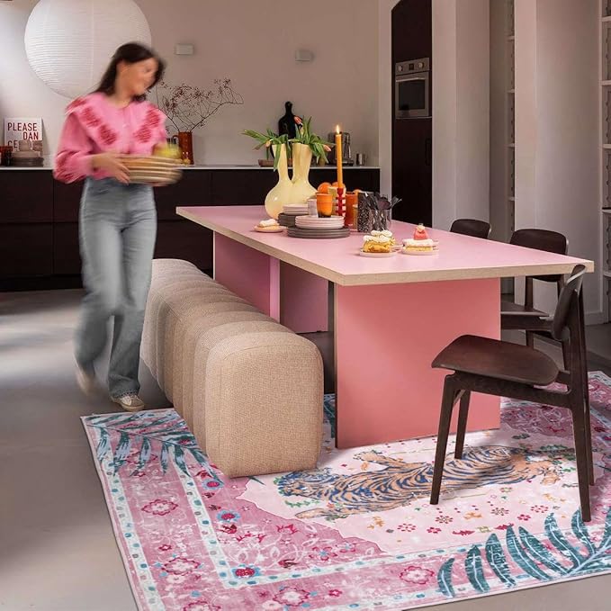 5x7 FT Leopard Rug for Living Room Pink Leopard Vintage Animal Rug Aesthetic Pink Rugs for Girls Room Nursery Bedroom Home Office Dorm Thin Bright Blush Pink Carpet (Light Pink, 5X7 FT)