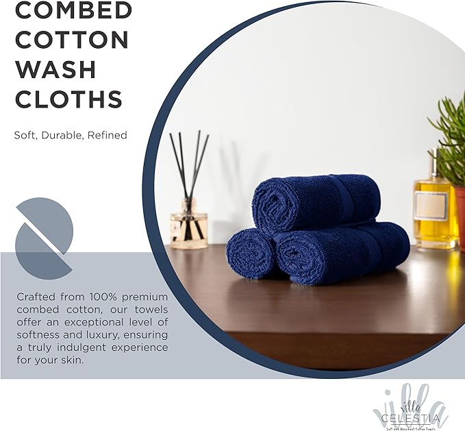 100% Cotton Wash Cloth for face & Body Set of 12, (12 x 12 inches) Sustainable, Soft, Highly Absorbent, Combed Cotton Wash Cloths Pack of 12 for Hotels, Spa, Bathroom, Dorm, Navy Blue