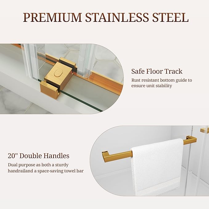 56-61" W x 72" H Frameless Shower Door, Double Sliding Glass Shower Door with 3/8" (10mm) SGCC Tempered Glass, Dual 304 Stainless Towel Bars Bathroom Shower Glass Door (Brushed Gold)