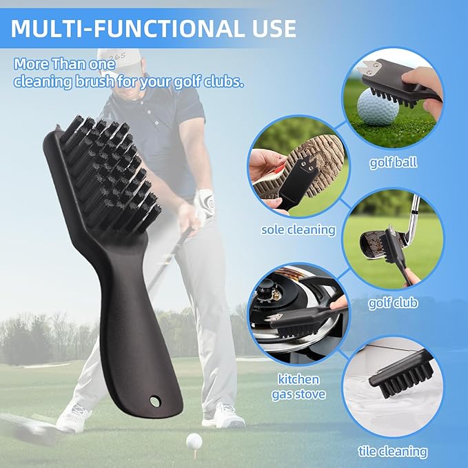 Golf Club Cleaner Brush with Rope and Metal Clasp,Multi-Function Golf Groove Dirt Mud Remover,Stiff Bristles Shoe Cleaner/Portable Golf Cleaning Tool fit for Hiking/Farm/Walking Boot