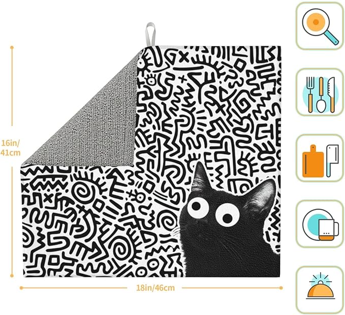 Black Cat Streak Dish Drying Mat 16x18 inches Microfiber Absorbent Fast Dry Mat for Kitchen Counter Coffee Bar Funny Cat Large Drying Mat Kitchen Decor Gifts (Black Cat, 16x18 inches)