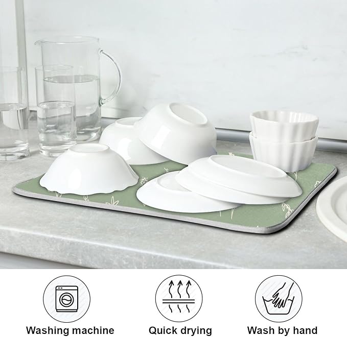 Sage Green Dish Drying Mat Quick Absorbent 18x24 Doodled Botany Flowers Leaves Herbs Plants Kitchen Drying Mat for Countertop Sink Reusable Dishes Mats Kitchen Essentials