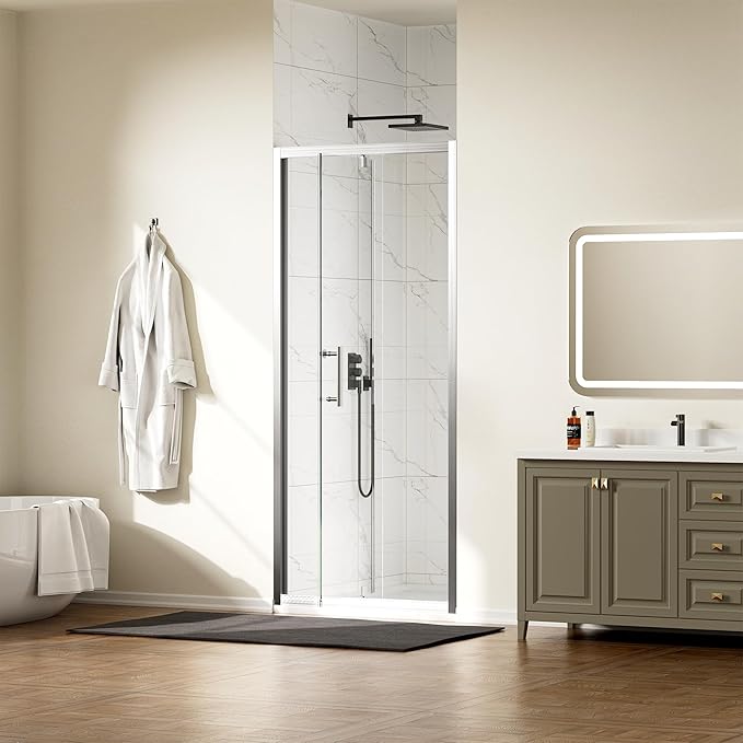 WinZo 31-32" W ×72" H Small Pivot Shower Door, 1/4"(6mm) SGCC Clear Glass Shower Door with Explosion Film, Nano Easy-Clean Coating, Reversible Installation, Brushed Nickel
