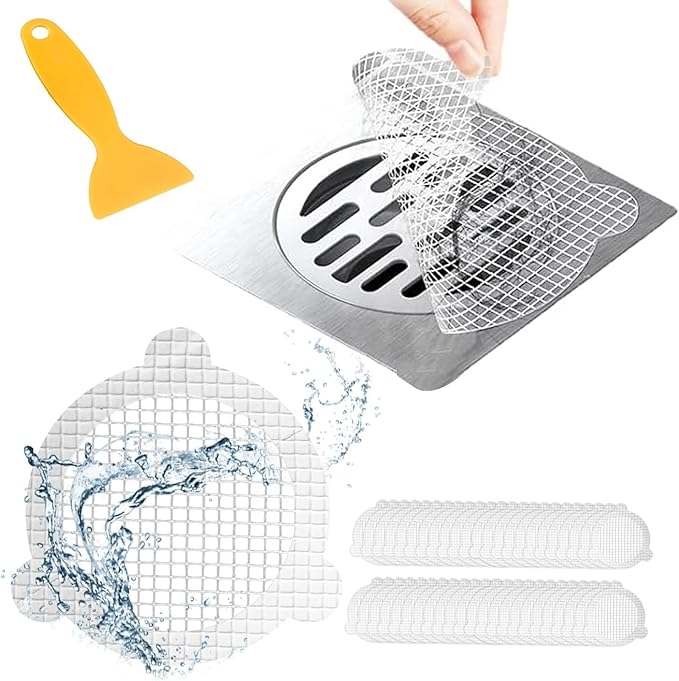 50 PCS Disposable Shower Drain Hair Catcher 3.54 Inches Round Drain Hair Catcher Stickers for Bath & Kitchen - Hair Catcher Shower Drain Cover for Human & Pet Hair - Mesh for Bathtub & Laundry