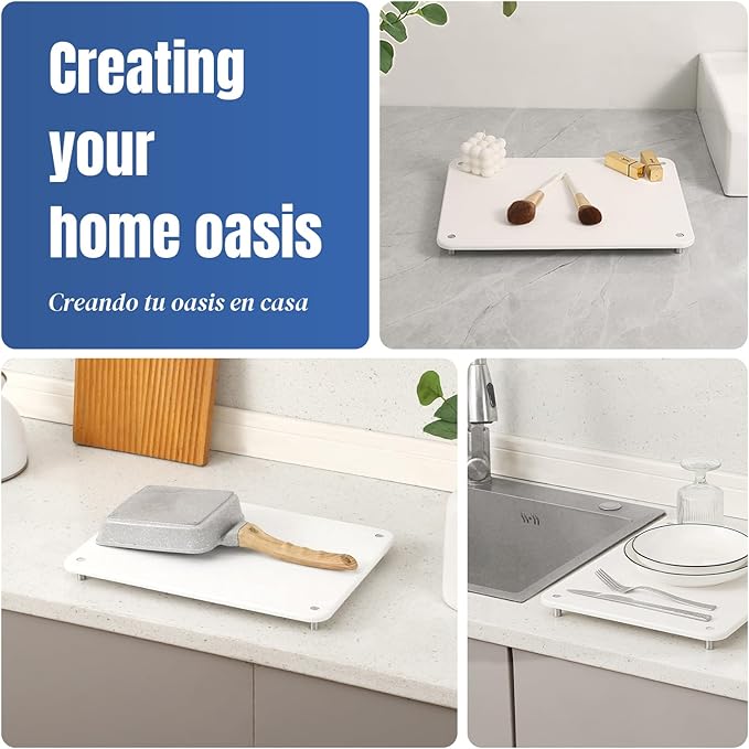 Stone Drying Mat for Kitchen Counter with Non-Slip Stainless Steel Feet, Quick Drying Diatomaceous Dish Racks for Dishes, Bottles and more, 15.7"(L)×11.8"(W), Pearl White