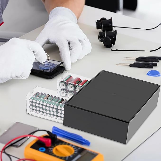 BTSKY 1 Pack Black Acrylic Battery Storage Organizer for AA, AAA, 9V, C Batteries, 4-Drawer Storage Box Battery Holder Organizer for Common Types Batteries, Household Container(Batteries Not Included)
