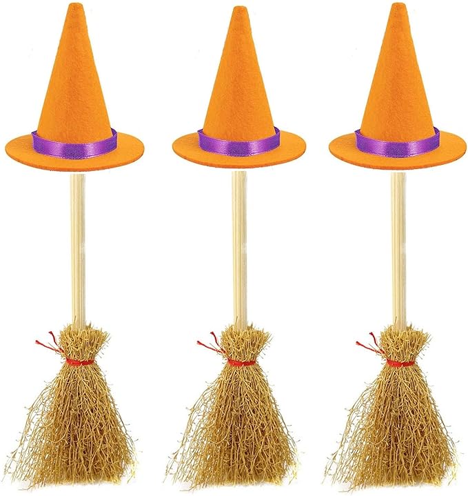 Mini Witch Hats and Mini Broom for Halloween Decorations Wizard Accessory for Party DIY Crafts Accessories (Orange)