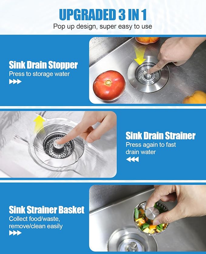 Kitchen Sink Drain Strainer, 3 in 1 All Stainless Steel Sink Strainer, Pop Up Sink Stopper with Copper Bounce Core, Anti-Clog Food Catcher Basket for US Standard 3-1/2 inch Drain (1 Pack)