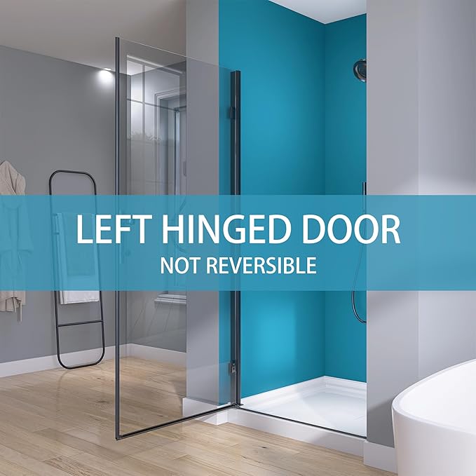 GETPRO Frameless Shower Door Pivot 34 in.W x 72 in.H Swing Single Small Shower Door with 1/4 in. Tempered Clear Glass Panel Adjustable Left Hinged Bathroom Door for Shower Matte Black Hardwares