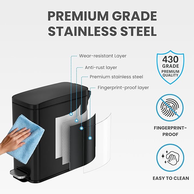 iTouchless 3 Gallon Slim Bathroom Trash Can with Lid, Odor Filter, Soft-Step Stainless Steel Pedal Bin for Narrow Space, Smudge-Resistant Wastebasket for Modern Farmhouse Industrial Decor, Matte Black