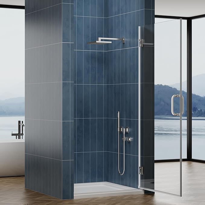 Framelss Hinged Shower Door, 36"W x 76"H Single Swing Pivot Shower Door, 3/8" (10mm) Tempered Glass with Nano Coating, Stainless Steel Handle, Glass Door for Walk-in Shower - Brushed Nickel
