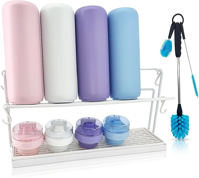 Bottle Drying Rack for Kitchen Countertop - Two-Tier for Water Bottles and Tumblers, Space-Saving Storage Stand with Drainage Tray, Includes Water Bottle Drying Rack Brush Cleaning Set (White)